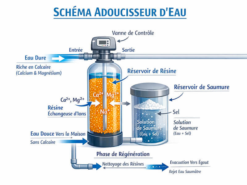 Schéma de fonctionnement d'un adoucisseur d'eau à Evreux